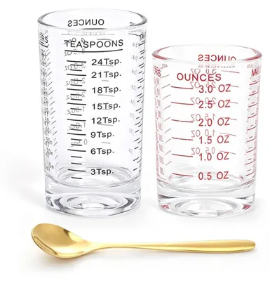 Produktbild von Cocktail Messbecher Set 2 Stück 90ml + 120ml Borosilikatglas mit Skala inkl. Löffel