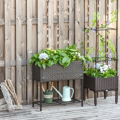 Produktbild von Hochbeet PE-Rattan Stahl tiefe Ablage, Blumenkasten Pflanzkasten wetterfest rückenschonend, Braun | 70x30x70 cm | 4,9 kg | UV-beständig