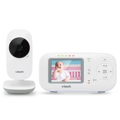 A white Vtech video baby monitor set, consisting of a camera and a parent unit with a screen displaying a baby.