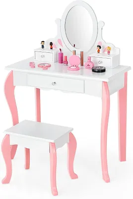 Produktbild von Schminktisch für Kinder, Frisiertisch mit Hocker aus Holz, Kinderschminktisch Set mit 360° drehbarem Spiegel & Schubladen, Kosmetiktisch für Kinder Mädchen (Weiß)