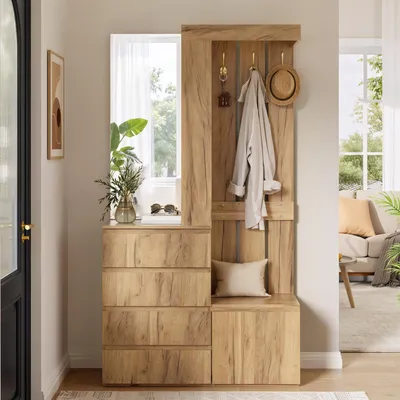 Immagine prodotto di Set di mobili per l'ingresso "Flieks": consolle con specchio, combinazione per l'ingresso con porta e ripiano, armadietto con cassetti e ganci, colore naturale, dimensioni 100x35x180 cm, materiale: pannello di fibra a media densità (PB)