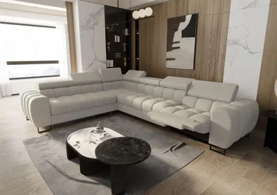 Productafbeelding van Eckbank met slaapfunctie, model BASTIEN RELAX, bekleed met stof Aragon in beige kleur, met een losse ottomaan aan de linkerkant
