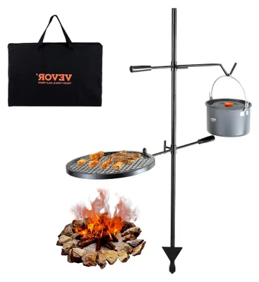 Produktbild von Drehspieß Schwenkgrill aus Stahl 360 x 360 mm, Holzkohlegrill mit doppeltem Grillrost, Grillgestell, 6 kg Tragfähigkeit, 300 ℃, freistehender Spießbratengrill für BBQ und Outdoor