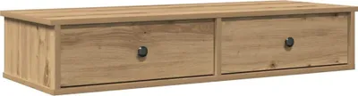 A wooden shelf with two drawers against a white background.