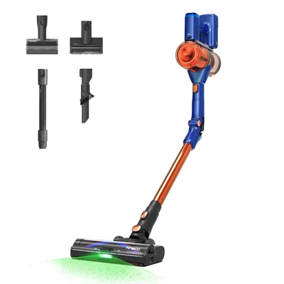 A cordless vacuum cleaner with multiple attachments, displayed against a white background.
