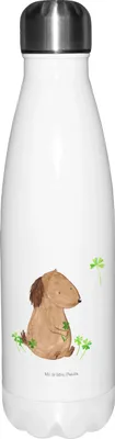 Produktbild von Mr. & Mrs. Panda Wasserflasche Hund Kleeblatt - Weiß - Geschenk, Thermosflasche, thermosflaschen, Sprüche, Thermos, Achtsamkeit, Trinkflasche, Viel Glück, trinkflaschen