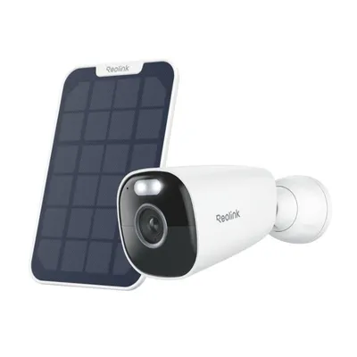A white Reolink security camera with a solar panel.