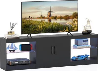 Zdjęcie produktu dla COSTWAY Szafka pod telewizor 3 w 1, stolik pod telewizor do 85 cali, stolik RTV 195 cm z oświetleniem LED i szklanymi półkami do salonu, czarny