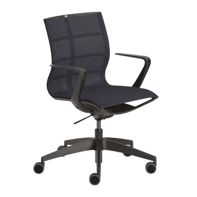 A black office chair with a mesh back and armrests, shown from a three-quarter angle on a white background.