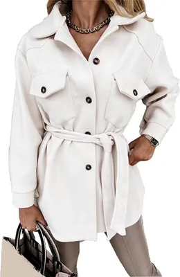 Produktbild von ASKSA Women's Single Breasted Shirt Jacket Long Sleeve Cardigan Coat Plain Outwear with Belt, Weiß, L