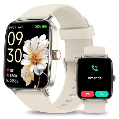 Obrázek produktu pro Chytré hodinky pro ženy, fitness hodinky s funkcí telefonu, měřením srdečního tepu, monitorováním spánku, měřením SpO2, 110 sportovními režimy, vodotěsné (IP68), kompatibilní s iOS a Android, barva: béžová