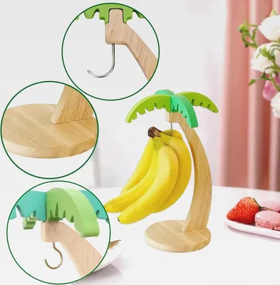 Produktbild von Holz Bananenständer mit Standfuß, Bananenhalter-Ständer mit Edelstahl-Haken, Bananenaufhänger-Ständer, Dekoration für Küchentheke und Esstische, langlebige, Bambusholzmaterialien