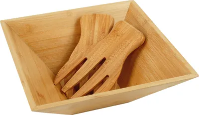 Produktbild von Relaxdays Salatschüssel, Bambus, Salatbesteck, Salat, Obst, Snacks, HxBxT: 10x28x28 cm, eckige Servierschüssel, natur