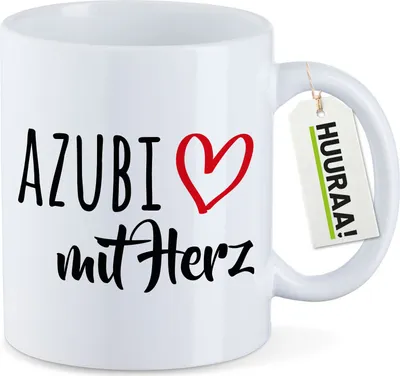 Produktbild von Huuraa Kaffeetasse Azubi mit Herz 330ml Weiß Keramik Kaffeebecher Geschenkidee