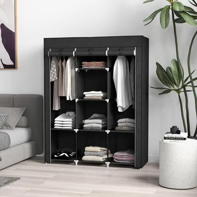 Zdjęcie produktu dla Szafa z tkaniny z 2 drążkami na ubrania i 8 półkami, 125 x 162,5 x 43 cm, szafa na ubrania, szafa składana, szafa z tkaniny z zamkiem błyskawicznym, zajmująca mało miejsca, czarna