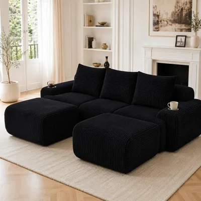Produktbild von Modulares Cordsofa - 3-Sitzer mit 2 Hockern, Schwarz - Frei kombinierbar - Inklusive Getränkehalter und Aufbewahrungstasche