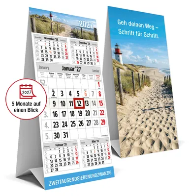 Produktbild von Tischkalender 2027 Leuchtturm Hochformat - 5 Monate Datumsschieber, dreisprachig, Nordsee