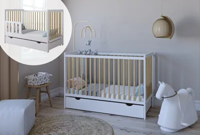 Immagine prodotto di ZEE LUMI Lettino per Bambini Bianco/Naturale 120×60 cm 2in1 con Cassetto e Sponda, Contenitore, Legno di Pino Massello, EN 716