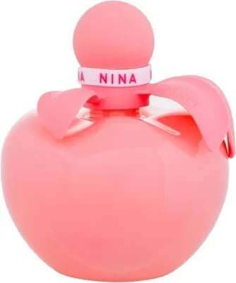 A pink perfume bottle with a rounded cap and petal-like accents around the neck.
