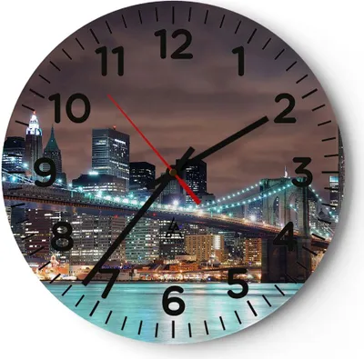Produktbild von Wanduhr - Rund - Glasuhr - Stadt Brücke Wolkenkratzer - 40x40cm - Schleichendes Uhrwerk - Lautlos - zum Aufhängen bereit - Dekoration Modern - Wanddekoration aus Glas - C4AR40x40-0218