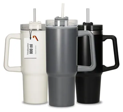 Zdjęcie produktu dla Termos Kubek "Tampa" 800 ml - stal nierdzewna, idealny do gorących i zimnych napojów, z słomką i rączką - kolor: szary/kremowy, Obraz wygenerowany przez AI