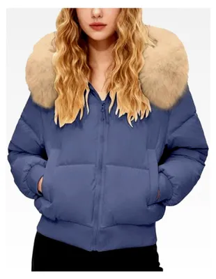 Produktbild von Damen Winterjacke Kurz Steppjacke mit Kapuze und Kunstpelz