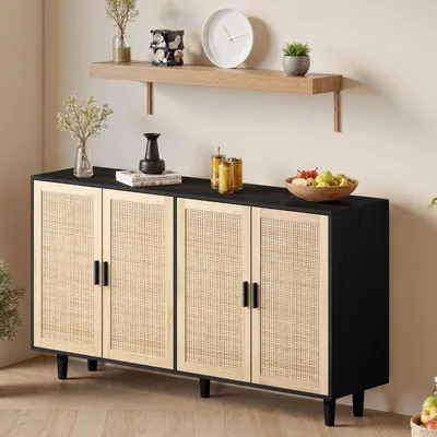 Image de okwish Buffet 4 portes pour salon avecReproduction en rotin, étagères réglables – noir + bois