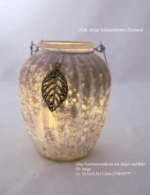 Produktbild von Glas Facettenwindlicht mit Blatt beige ca. 10,5x10,5x13,5cm (T/B/H)