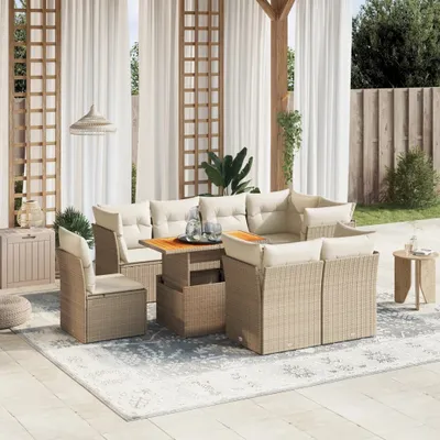 Produktbild von Design 9-tlg. Garten-Sofagarnitur mit Kissen Beige Poly Rattan, Gartenmöbel-Sets 2024 Neu