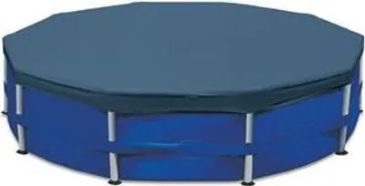 An octagonal pool cover on top of a blue pool.