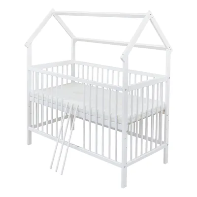 Produktbild von Baby-Delux Hausbett Kinderbett Gitterbett weiß 60x120 Beißschienen Matratze Bett Set Waffelpique Musselin Rosa
