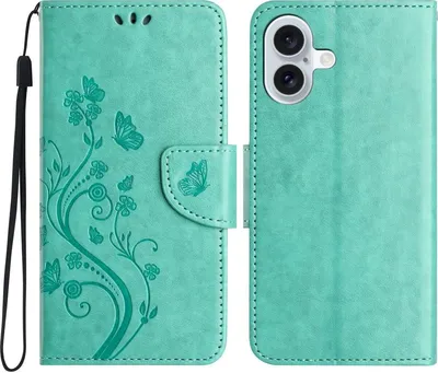 Produktbild von Mobigear Flowers iPhone 16 Hülle Klapphülle Geldbörse - Grün