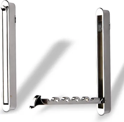 A polished chrome folding hook and its mounting plate against a white background.