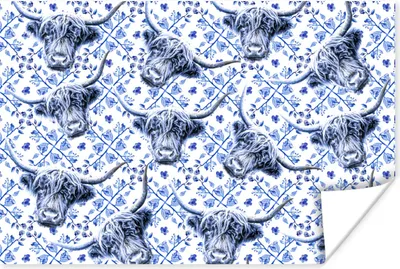 Produktbild von MuchoWow® Poster Schottischer Highlander - Delfter Blau - Muster 120x80 cm - Bilder