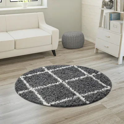 Image de Tapis à poils longs Doux Salon Shaggy Style scandinave Motif losange Taille 160 cm Rond
