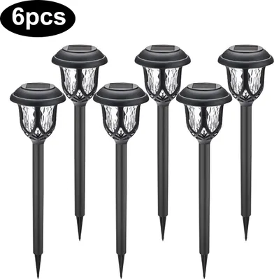 Six black solar garden lights are arranged in a row against a white background.