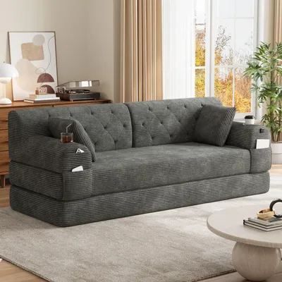 Immagine prodotto di Divano letto a tre posti in tessuto corduroy, divano relax con funzione letto per ospiti, divano lounge a tre posti con schienale alto, 2 portabicchieri e 4 tasche laterali – Grigio scuro