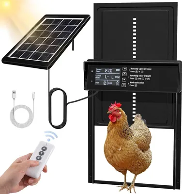 Obrázek produktu pro Solární dveře kurníku, automatické dveře kurníku s funkcí nabíjení přes USB, automatické dveře kurníku se 4 režimy, časovačem a světelným senzorem