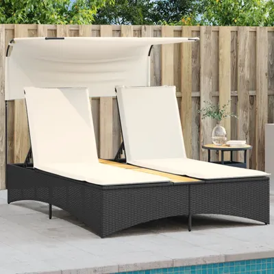Produktbild von "2026 Promotion" Doppel-Sonnenliege, Gartenliege 2-Personen, mit Dach und Auflagen, Schwarz Poly Rattan - Liegestuhl CC22265