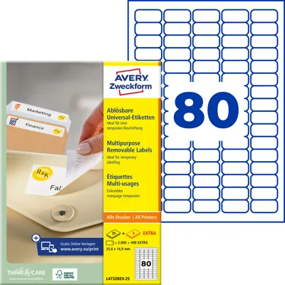 Produktbild von Avery Zweckform L4732REV-25, Universal-Etiketten, ablösbar, A4, 35,6 x 16,9 mm, 2.400 Etiketten / 30 Bögen, weiß