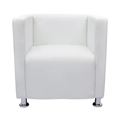 A white cube armchair against a white background.