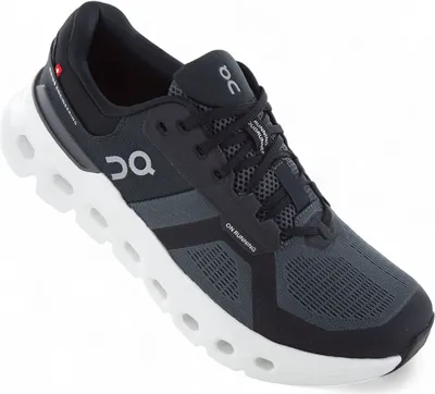 A single black and white running shoe is shown from a three-quarter angle against a white background.