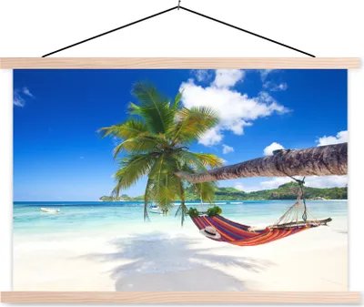 Produktbild von MuchoWow® Textilposter Strand - Hängematte - Meer - Palme 60x40 cm mit holzfarbenen Rahmen - Bilder