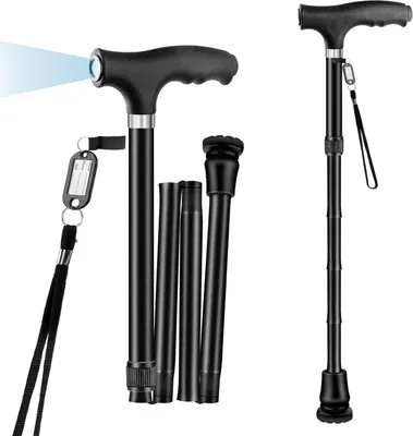 Produktbild von Höhenverstellbarer Gehstock - ausziehbar mit LED-Licht - Gehhilfe mit Gummifuß und Handgelenkschlaufe.