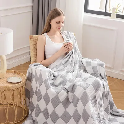 Productafbeelding van Mousseline deken, geruit, 230x200 cm, 70% katoen, 30% bamboe, grijs