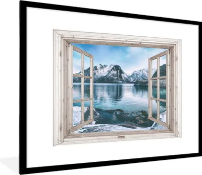 Produktbild von MuchoWow® Gerahmtes Poster Aussicht - Berg - Wasser 80x60 cm - Poster mit Schwarzem Bilderrahmen Wandposter Rahmen Foto Bilder - Schlafzimmer-Dekorationen - Fotoposter