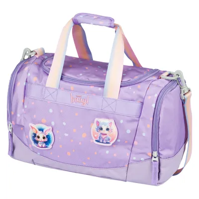 A purple duffel bag with a polka dot pattern and cartoon animal patches.