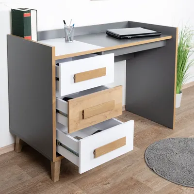 Produktbild von Schreibtisch Caranx 8, Farbe: Weiß / Eiche / Anthrazit - Abmessungen: 85 x 120 x 55 cm (H x B x T)