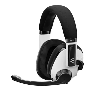A white and black gaming headset with a microphone is shown against a white background.