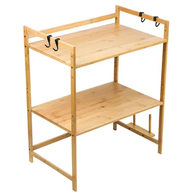 Image de Four à micro-ondes Rack 2 niveaux Étagères de cuisine Étagère à épices en bambou avec 4 crochets